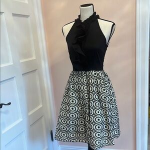 Black and White Halter Dress with Ruffle Detail